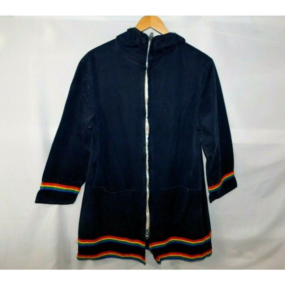 Vintage Grenfill Handicraft Blue Rainbow Trim Hooded Jacket Cotton Womens M / L - Picture 1 of 10